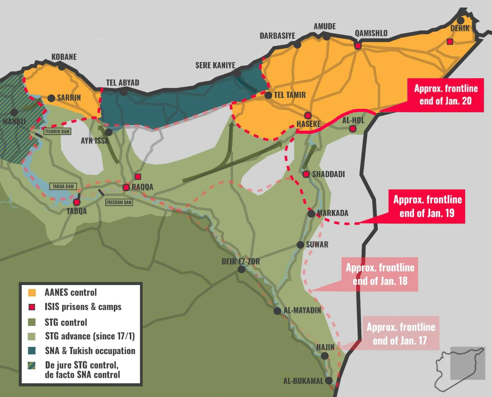 Current territory held by SDF as of January 26th, 2026. Source: https://rojavainformationcenter.org/2026/01/20-01-emergency-update