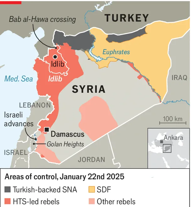Map of Syria and its neighbors prior to January offensive. Source: https://www.economist.com/middle-east-and-africa/2025/01/21/how-turkey-plans-to-expand-its-influence-in-the-new-syria